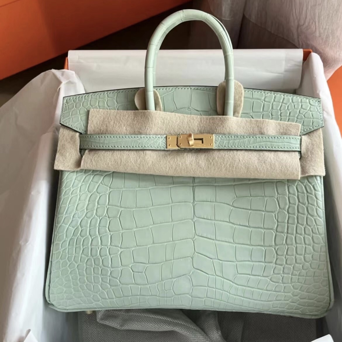 馬來西亞愛馬仕 Hermes Birkin 25cm 霧面美洲鱷魚 6U Vert Dfau 薄荷綠