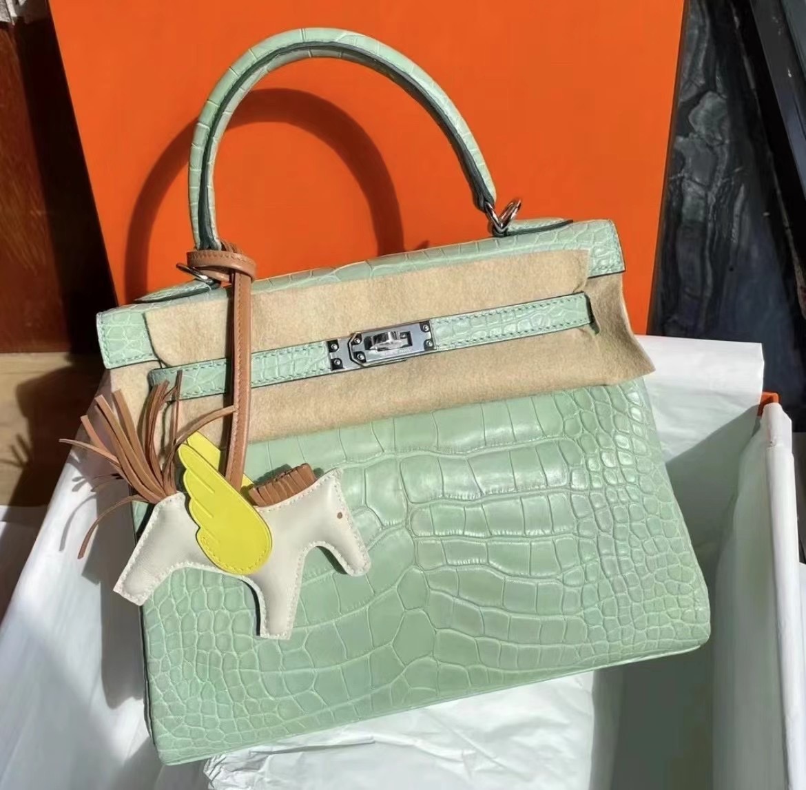 馬來西亞愛馬仕 Hermes Kelly 25cm 霧面美洲鱷魚 6U Vert Dfau 水綠色 薄荷綠