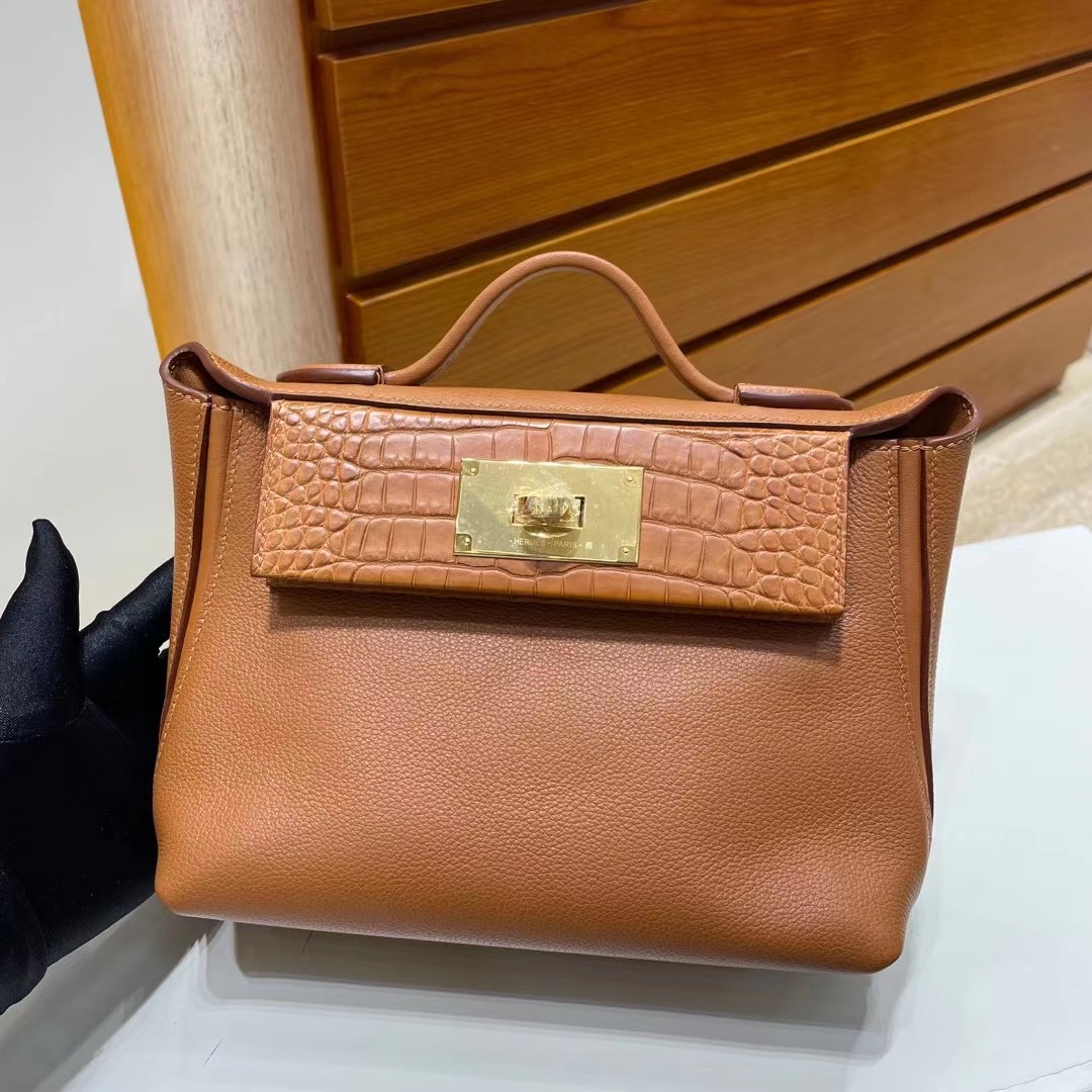 Hermes kelly 24/24 Mini Evercolor 拼 Swift CC37 Gold 金棕色 金扣