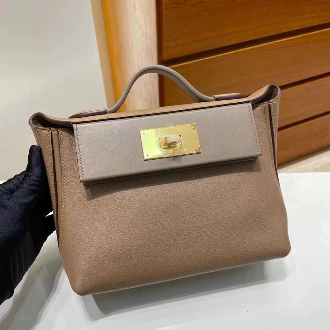 Hermes kelly 24/24 Mini Evercolor 拼 Swift D0 beige de weimer 金扣