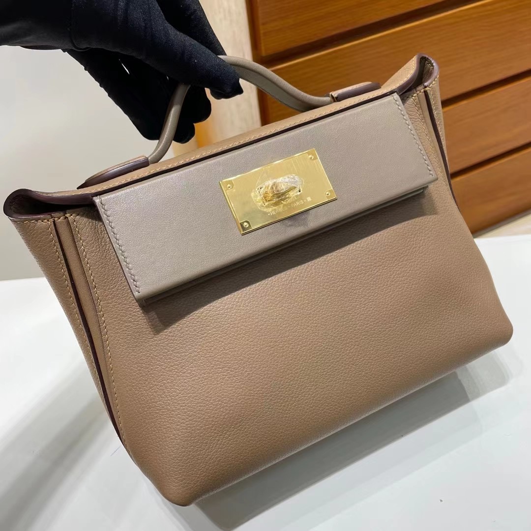 Hermes kelly 24/24 Mini Evercolor 拼 Swift D0 beige de weimer 金扣