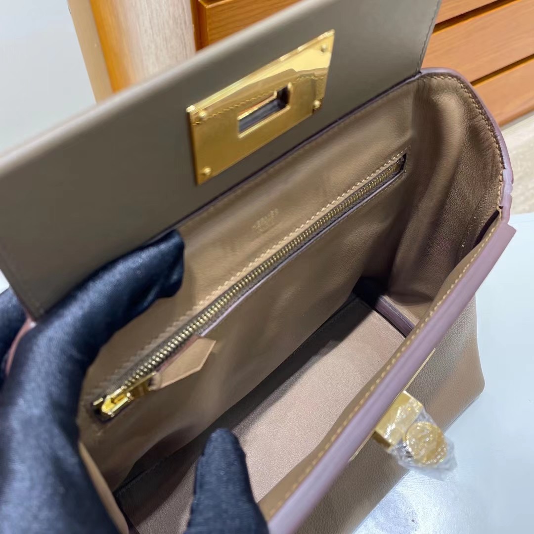 Hermes kelly 24/24 Mini Evercolor 拼 Swift D0 beige de weimer 金扣