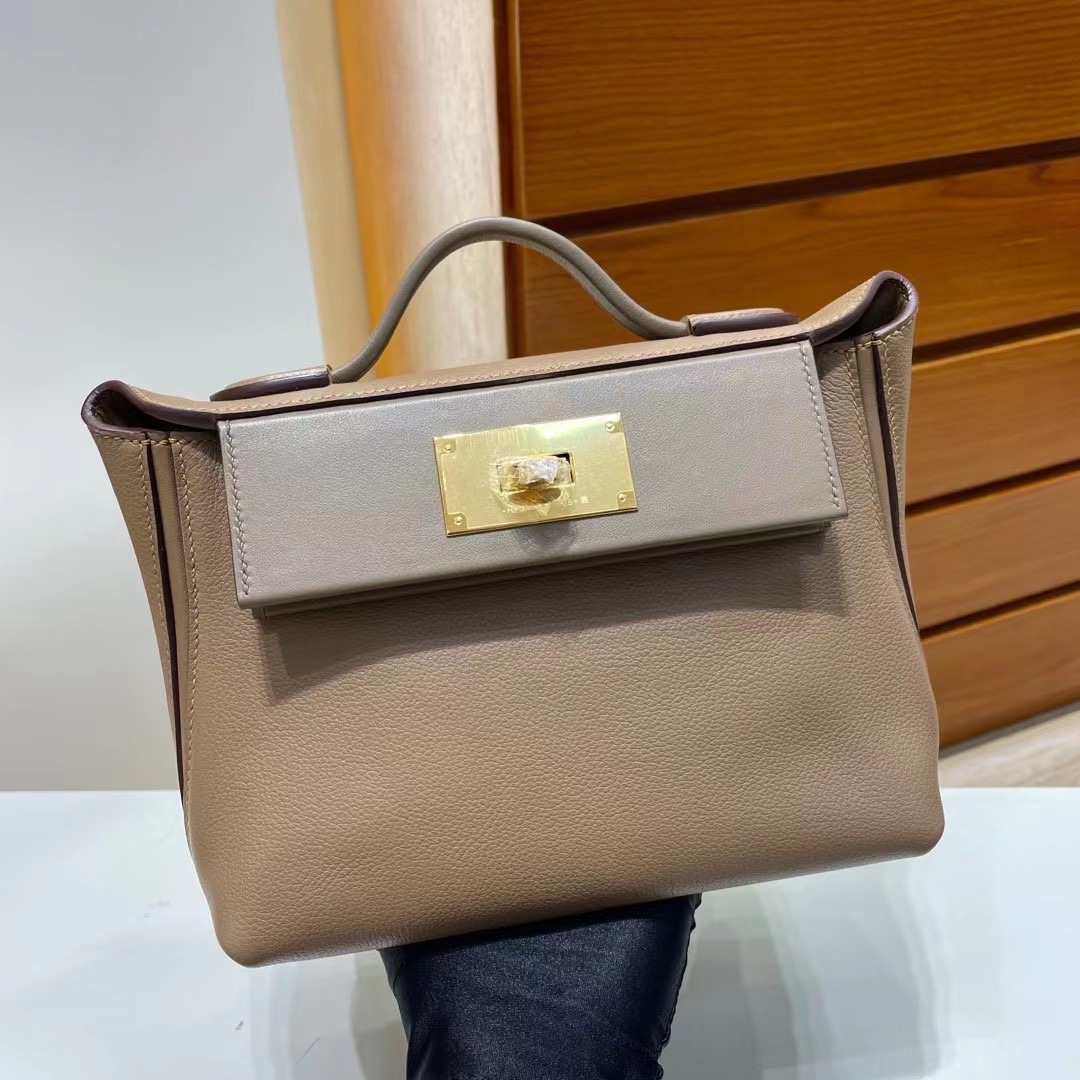 Hermes kelly 24/24 Mini Evercolor 拼 Swift D0 beige de weimer 金扣