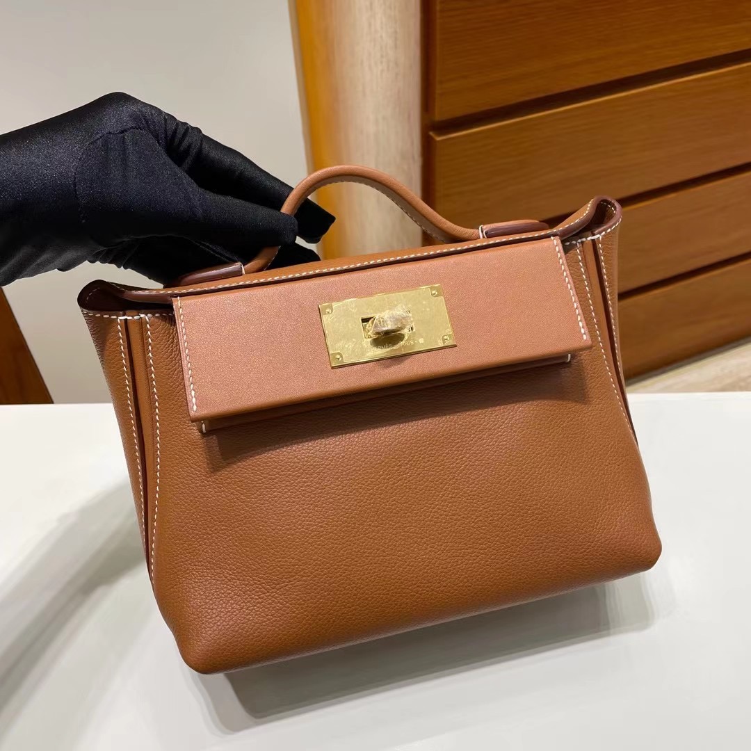 Hermes kelly 24/24 Mini Evercolor 拼 Swift CC37 Gold 金棕色 金扣