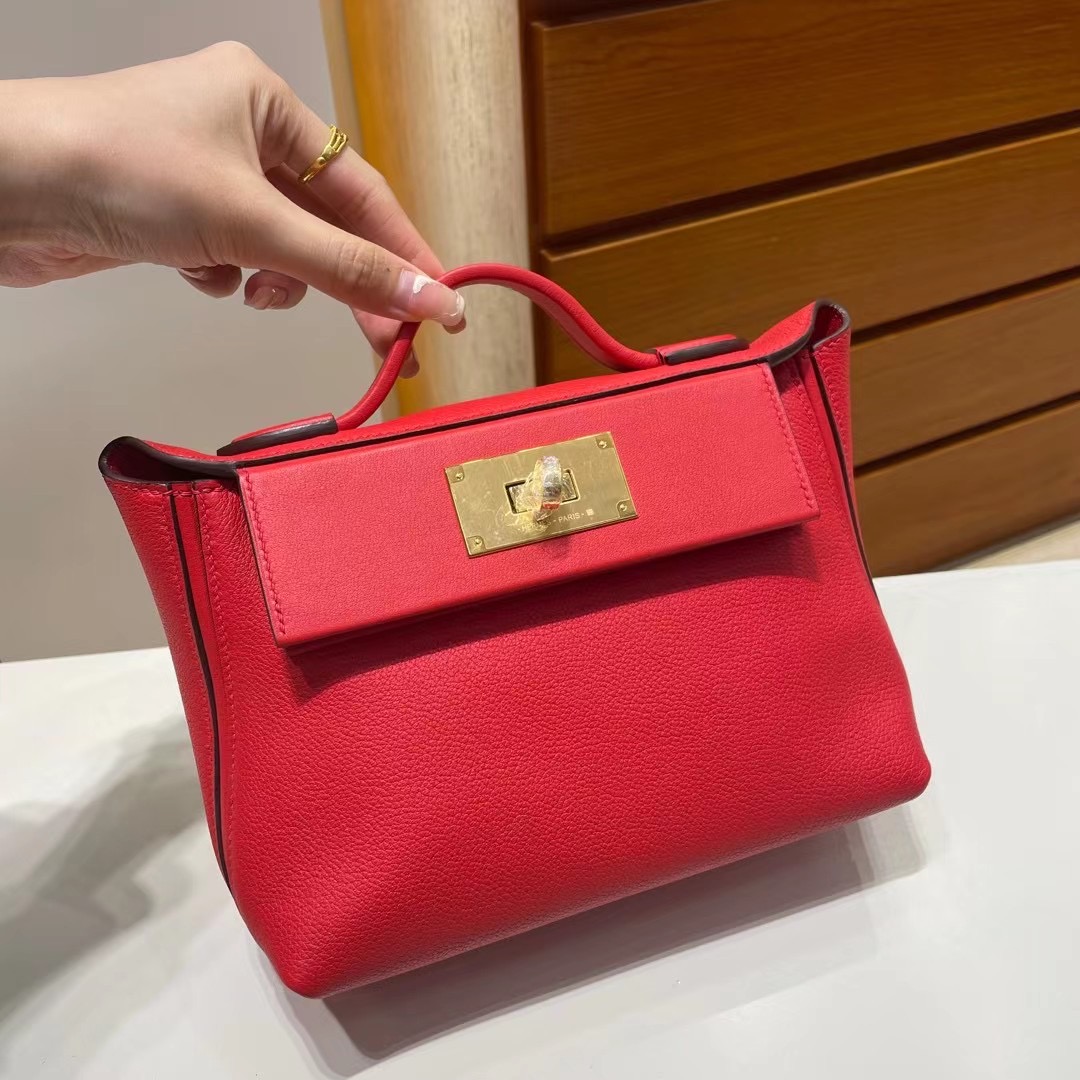 Malaysia Hermes Kelly 24/24 Mini Evercolor+swift S3 Rose de coeur 心紅色 金扣