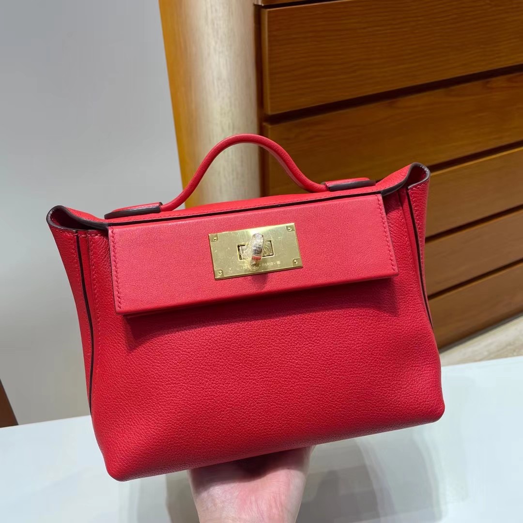 Malaysia Hermes Kelly 24/24 Mini Evercolor+swift S3 Rose de coeur 心紅色 金扣