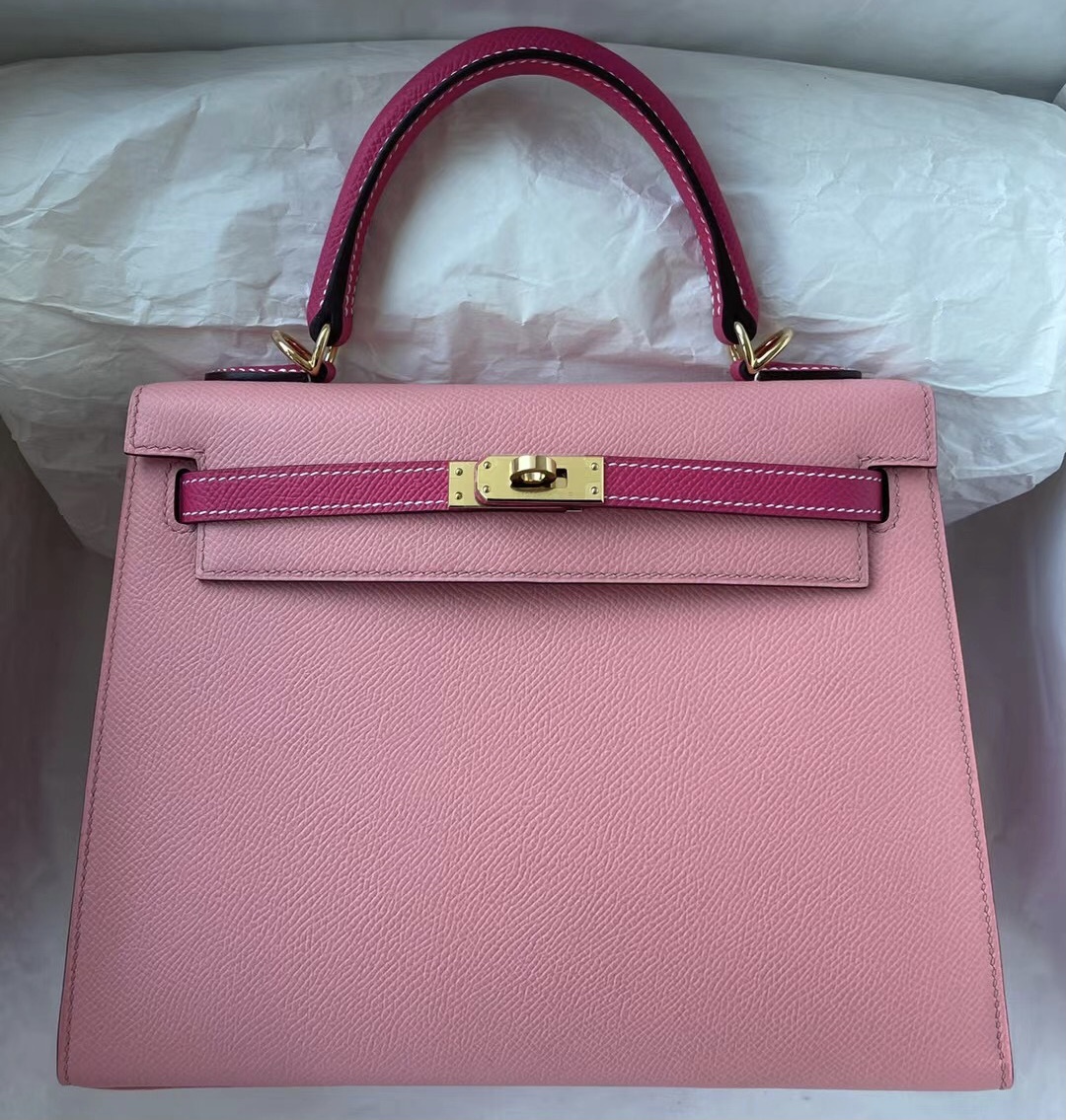 愛馬仕凱莉包官方價格 Hermes Kelly 25 Hss Epsom 1Q Rose Confetti +E5 Rose Tyrien