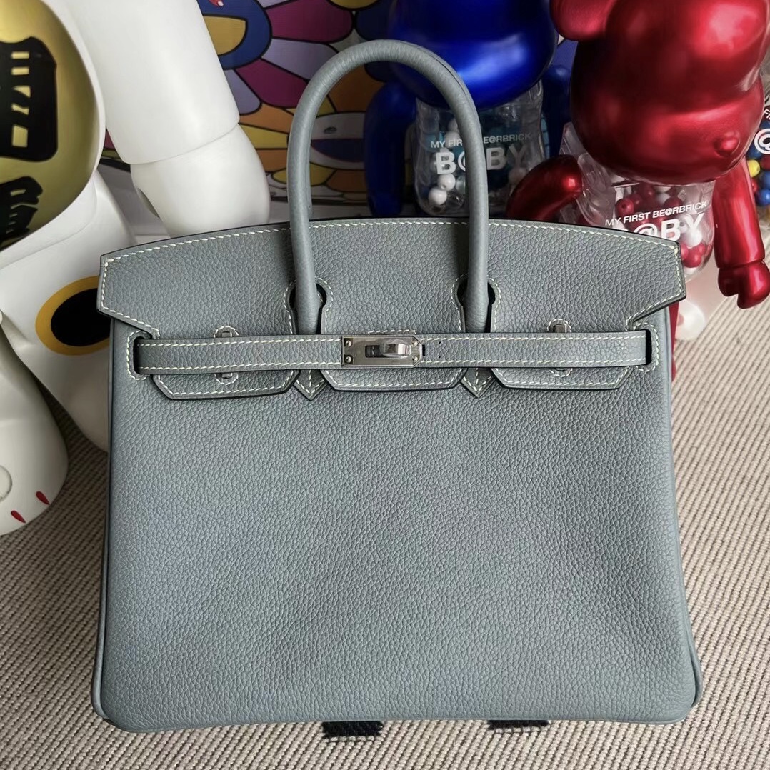 愛馬仕鉑金包的鎖和鑰匙 Hermes Birkin 25cm Togo J7 blue lin 亞麻藍 銀扣