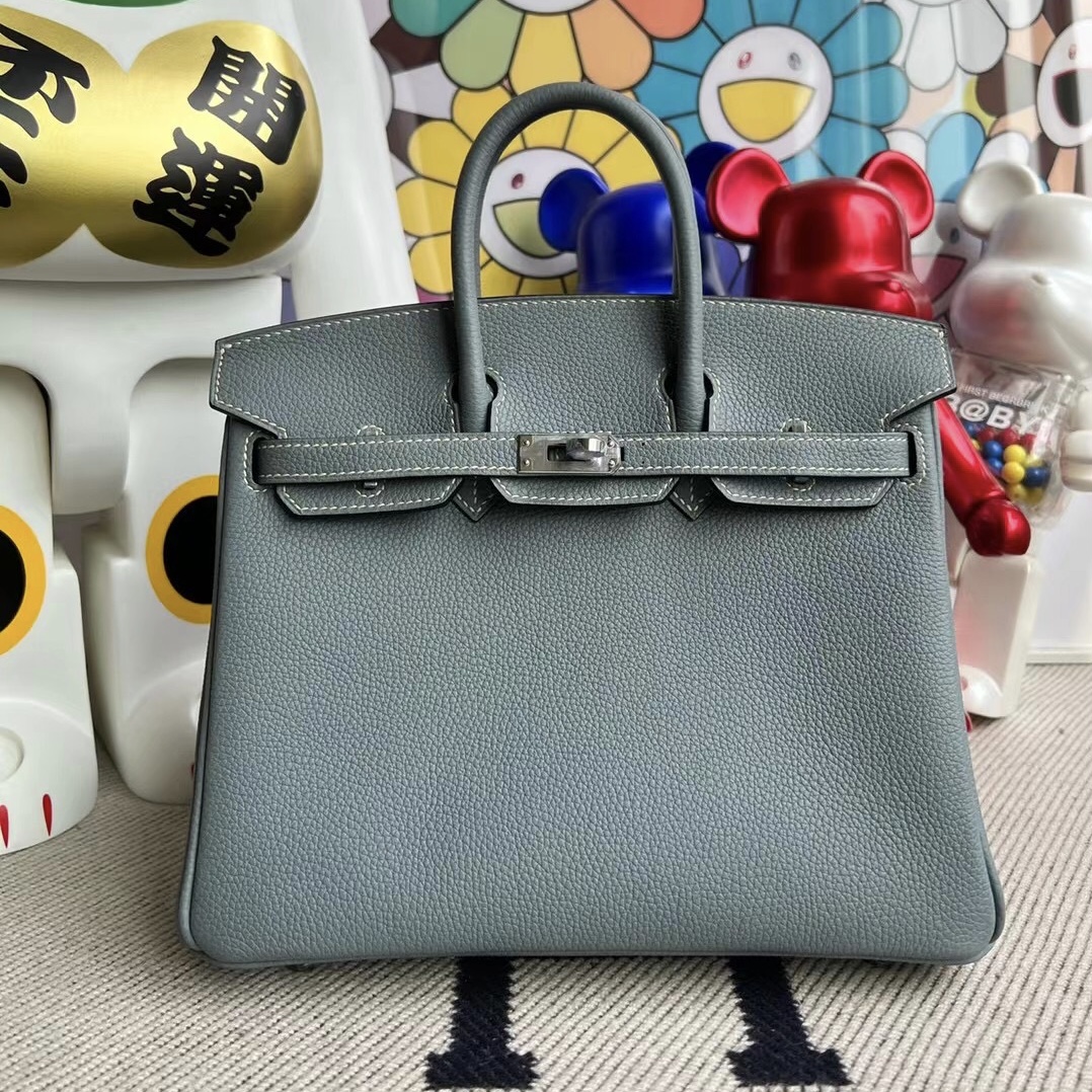 愛馬仕鉑金包的鎖和鑰匙 Hermes Birkin 25cm Togo J7 blue lin 亞麻藍 銀扣