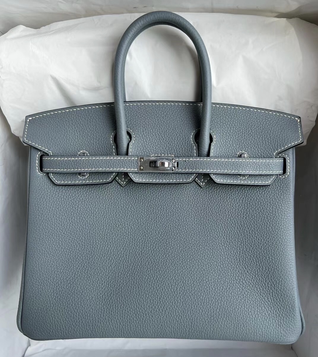 愛馬仕鉑金包的鎖和鑰匙 Hermes Birkin 25cm Togo J7 blue lin 亞麻藍 銀扣