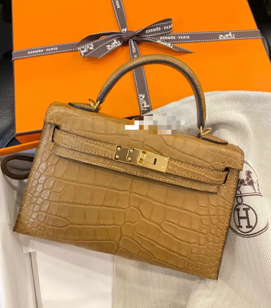 Hermes 霧面美洲鱷魚 Kelly Mini II 2代 2H Kraft 牛皮紙色 全手工蜜蠟線縫製