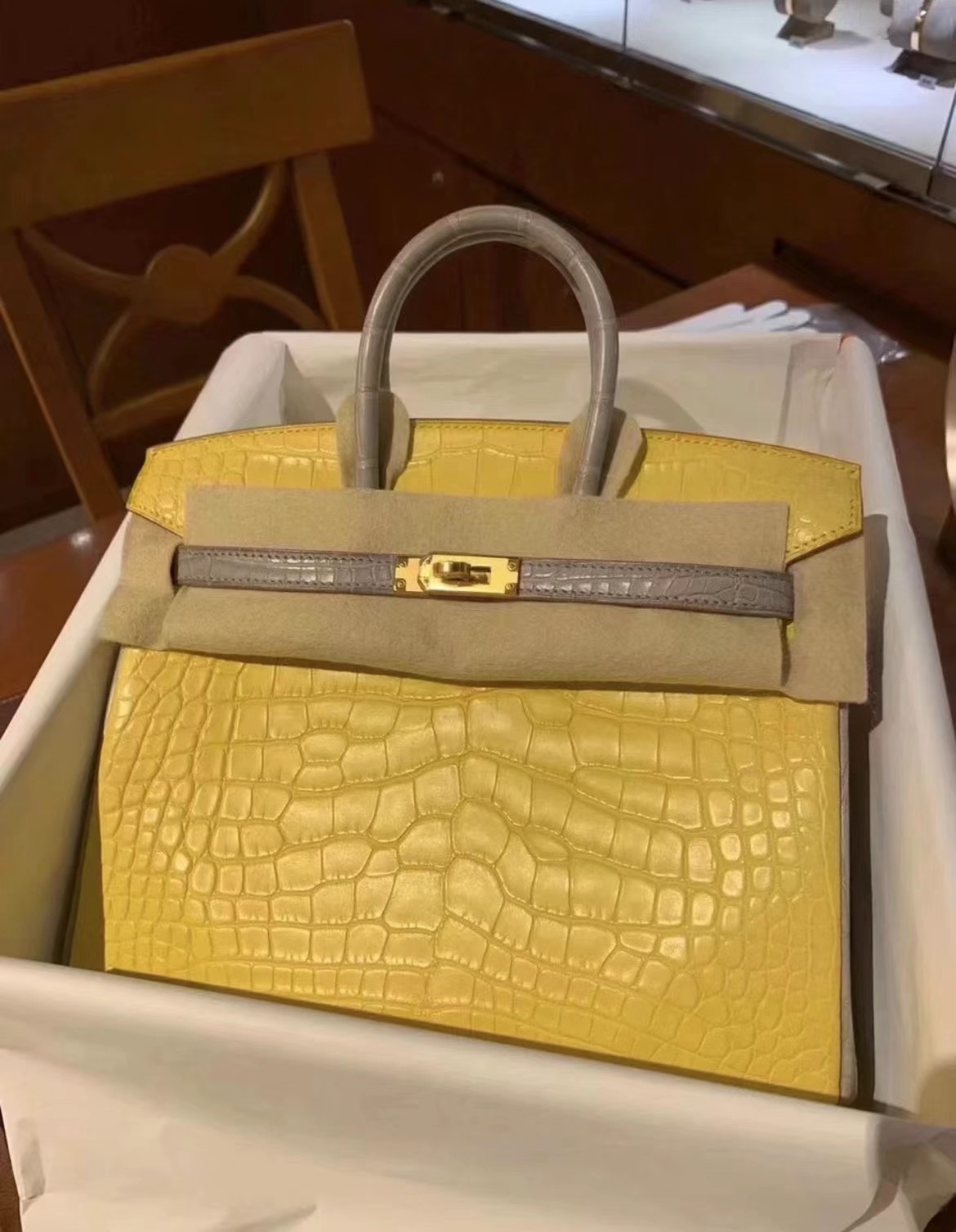 愛馬仕霧面美洲鱷魚 Hermes Birkin 25cm M9 Mimosa 2H Kraft 牛皮紙色