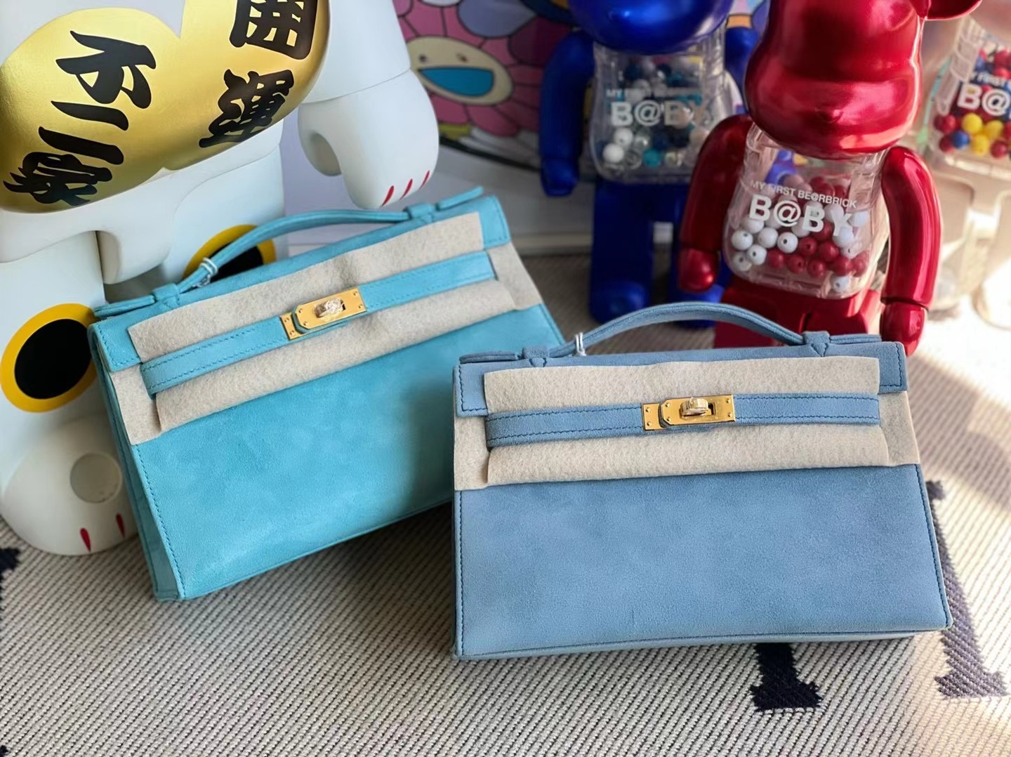 臺灣臺中市 愛馬仕晚宴手拿包 Hermes J7 blue lin 亞麻藍 Mini Kelly Pochette Doblis Suede 麂皮