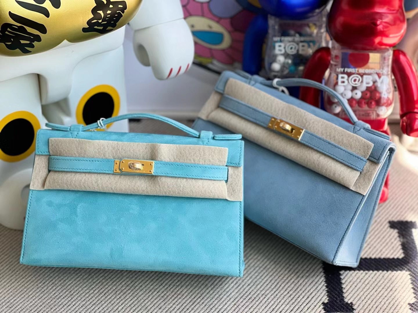 臺灣臺中市 愛馬仕晚宴手拿包 Hermes J7 blue lin 亞麻藍 Mini Kelly Pochette Doblis Suede 麂皮