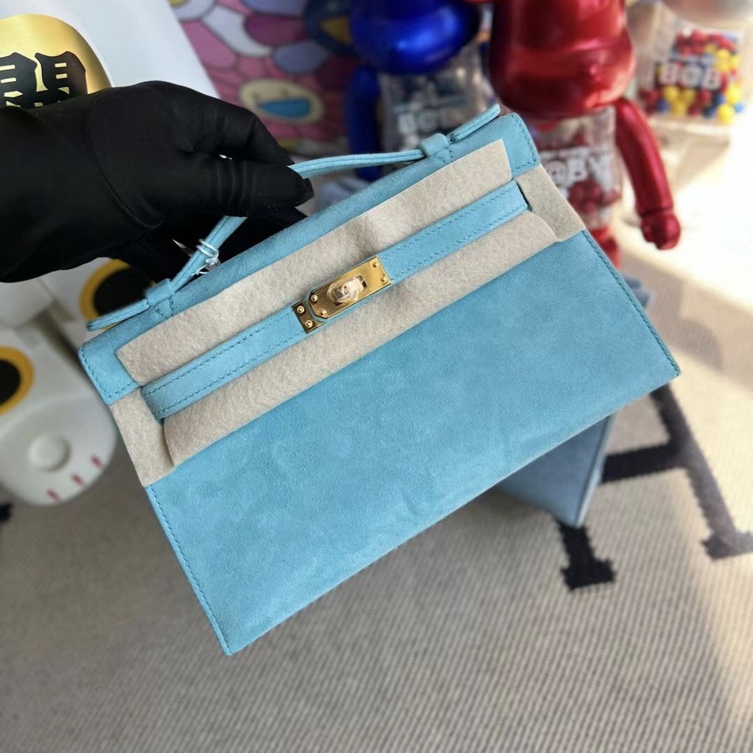 愛馬仕晚宴包包官網價格 Hermes MiniKelly Pochette Doblis Suede 麂皮 3P Blue Atoll