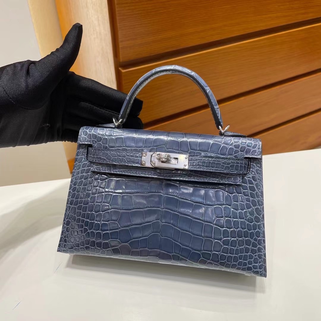 Republic of Indonesia Hermes Kelly Mini II 2代 75 Blue Jean 亮面美洲鱷魚