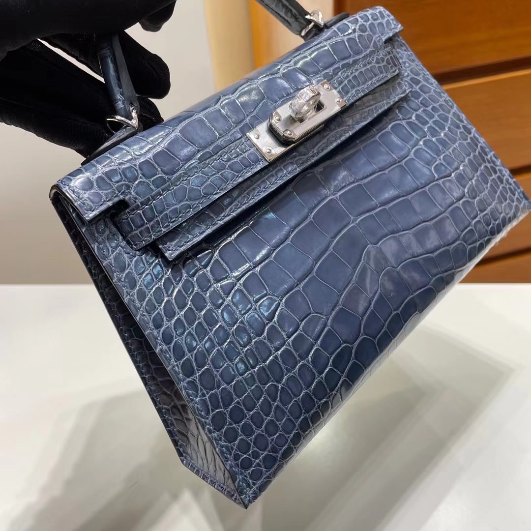 Republic of Indonesia Hermes Kelly Mini II 2代 75 Blue Jean 亮面美洲鱷魚