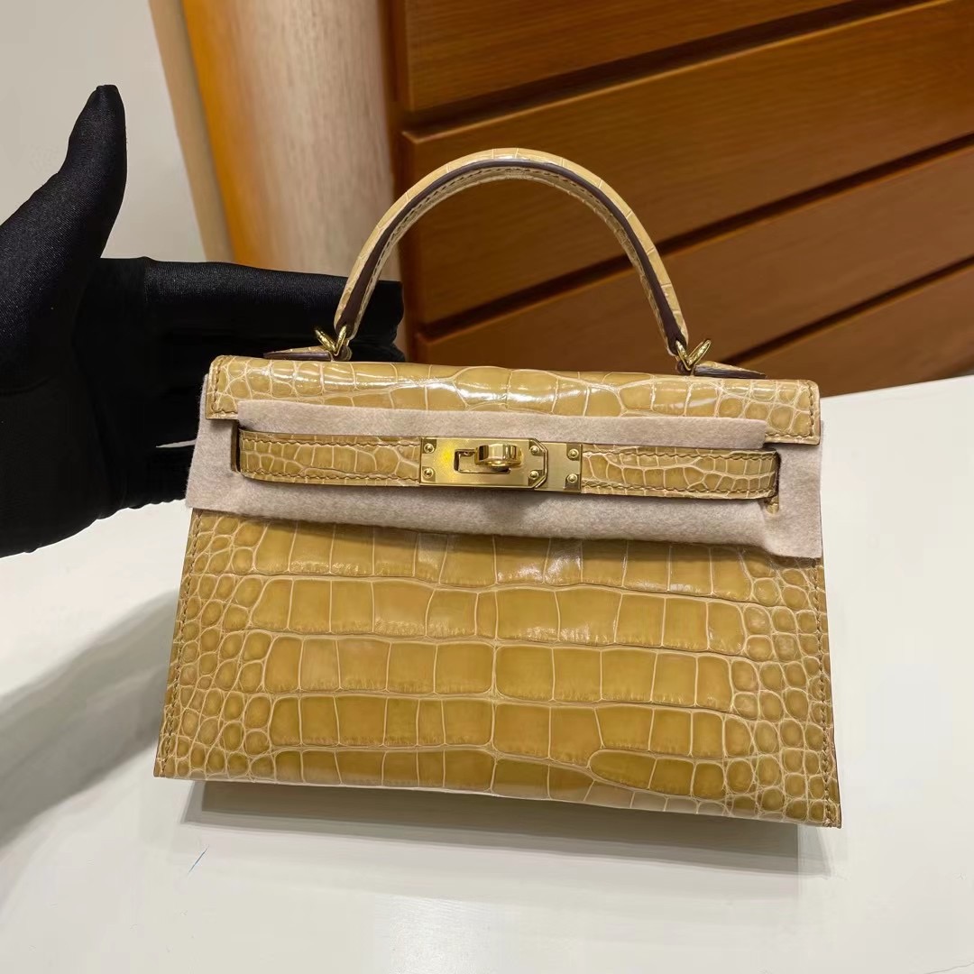 Dubai Hermes Kelly Mini II 2代 14 Beige 杏色 亮面美洲鱷魚