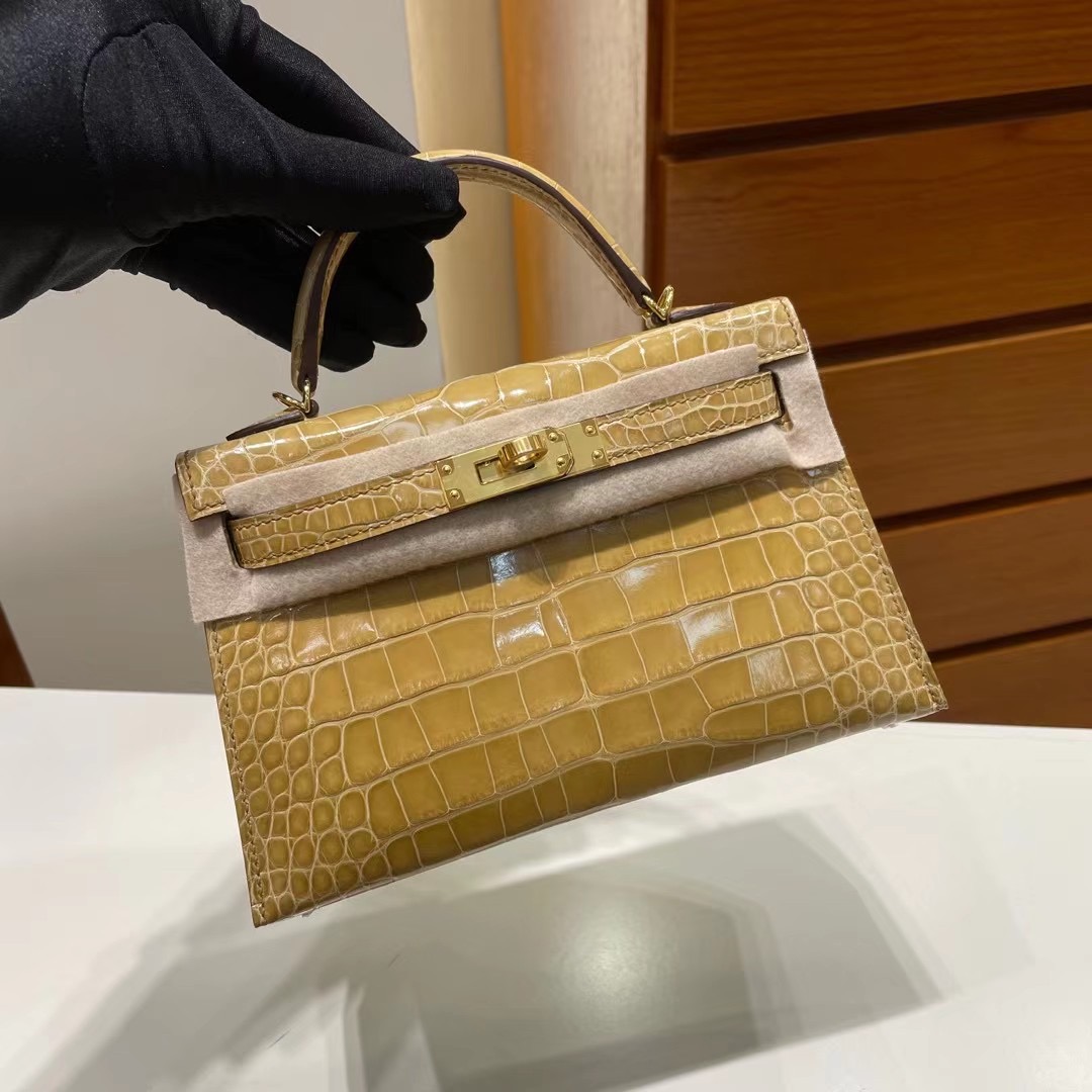 Dubai Hermes Kelly Mini II 2代 14 Beige 杏色 亮面美洲鱷魚