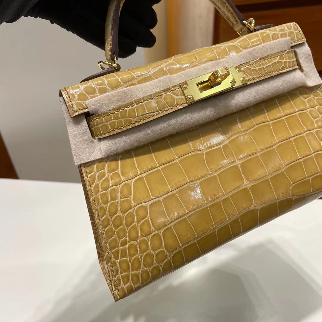 Dubai Hermes Kelly Mini II 2代 14 Beige 杏色 亮面美洲鱷魚