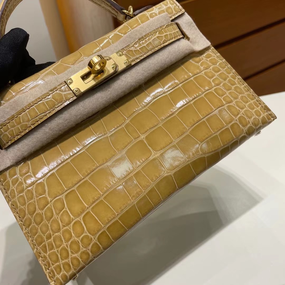 Dubai Hermes Kelly Mini II 2代 14 Beige 杏色 亮面美洲鱷魚