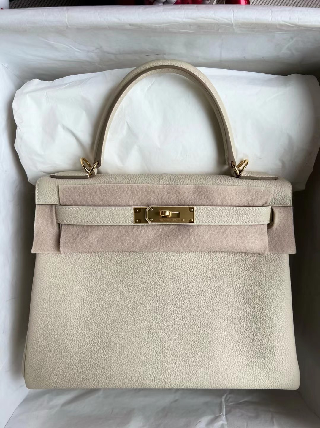 愛馬仕2022年刻印 U Hermes Kelly 28cm Togo 原廠小牛皮 10 Craie 奶昔白 GHW