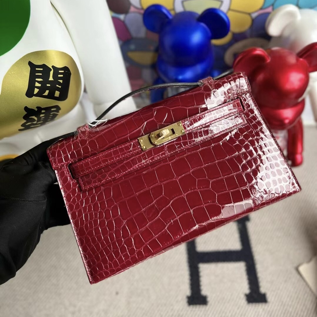 Kuwait Hermes MiniKelly Pochette 亮面美洲鱷魚 55 Rouge H 愛馬仕紅 GHW