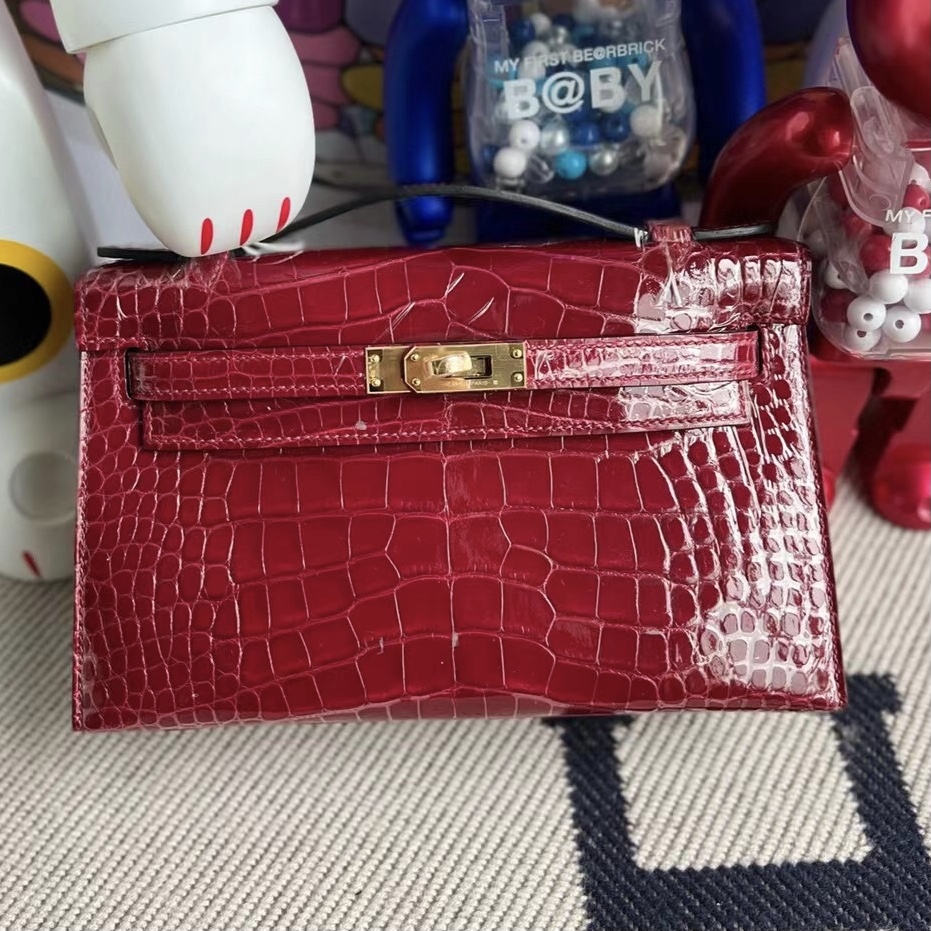 Kuwait Hermes MiniKelly Pochette 亮面美洲鱷魚 55 Rouge H 愛馬仕紅 GHW