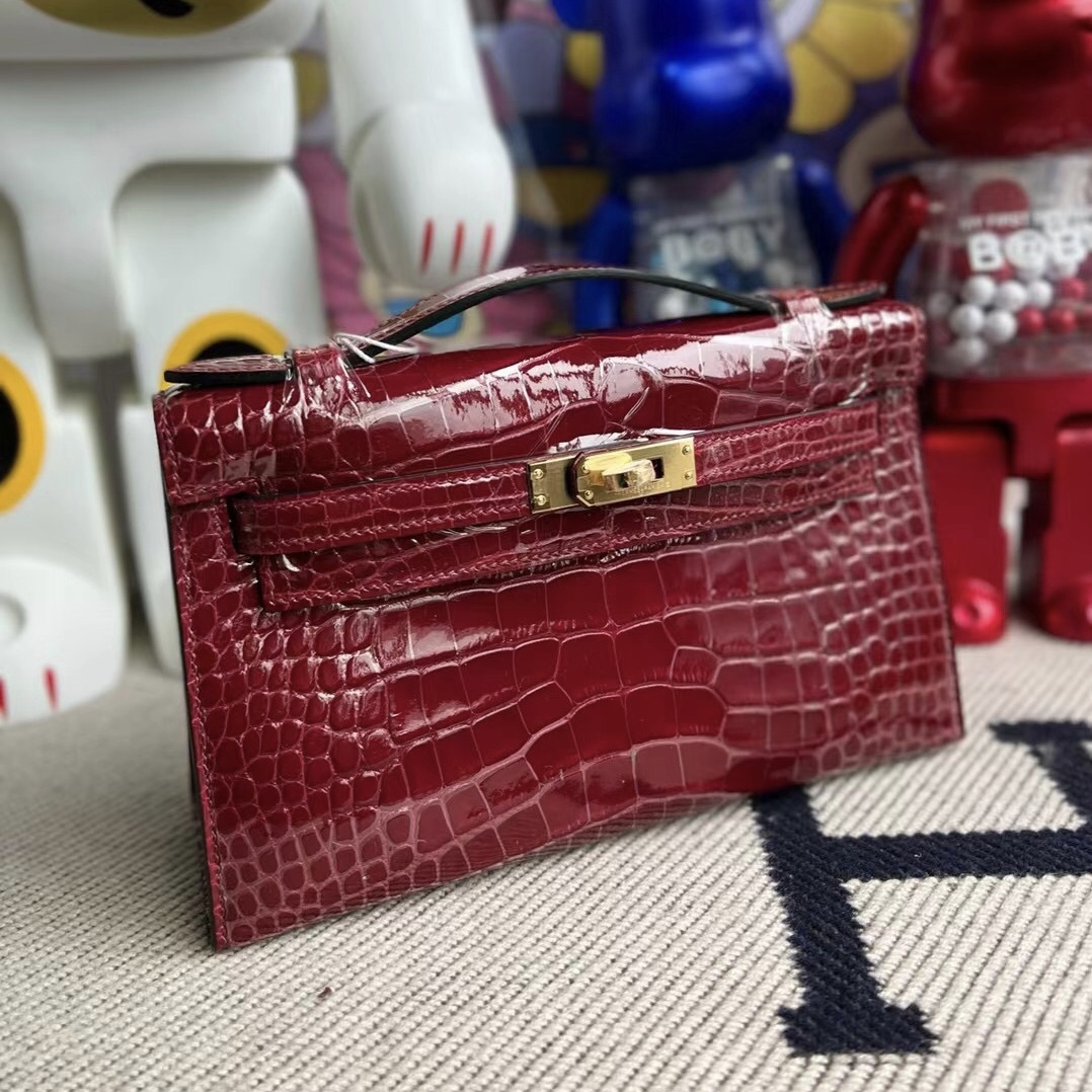 Kuwait Hermes MiniKelly Pochette 亮面美洲鱷魚 55 Rouge H 愛馬仕紅 GHW