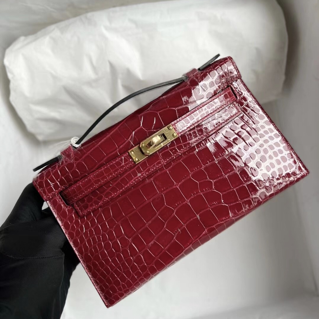 Kuwait Hermes MiniKelly Pochette 亮面美洲鱷魚 55 Rouge H 愛馬仕紅 GHW