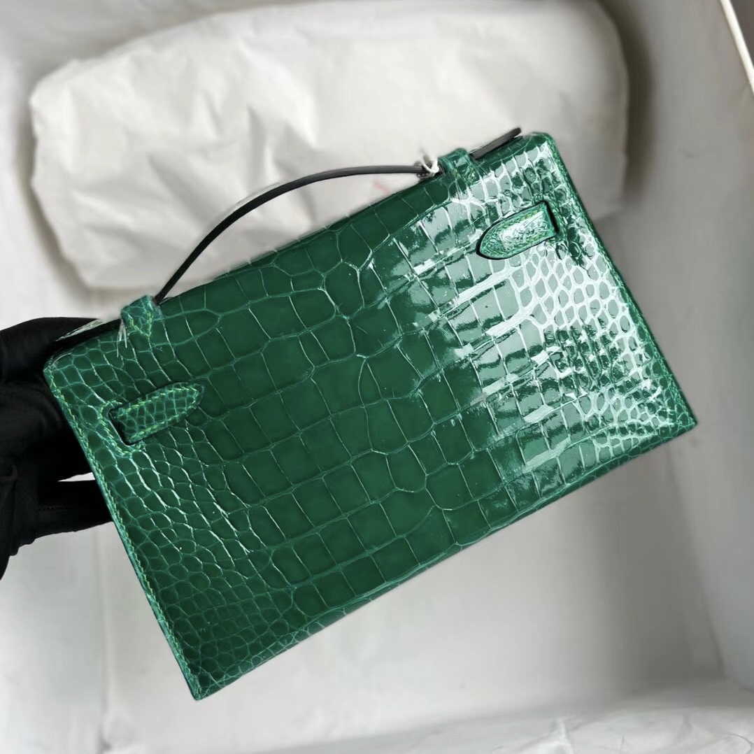 Hermes MiniKelly Pochette 亮面美洲鱷魚 6Q 翡翠綠 Very Emerald 金扣