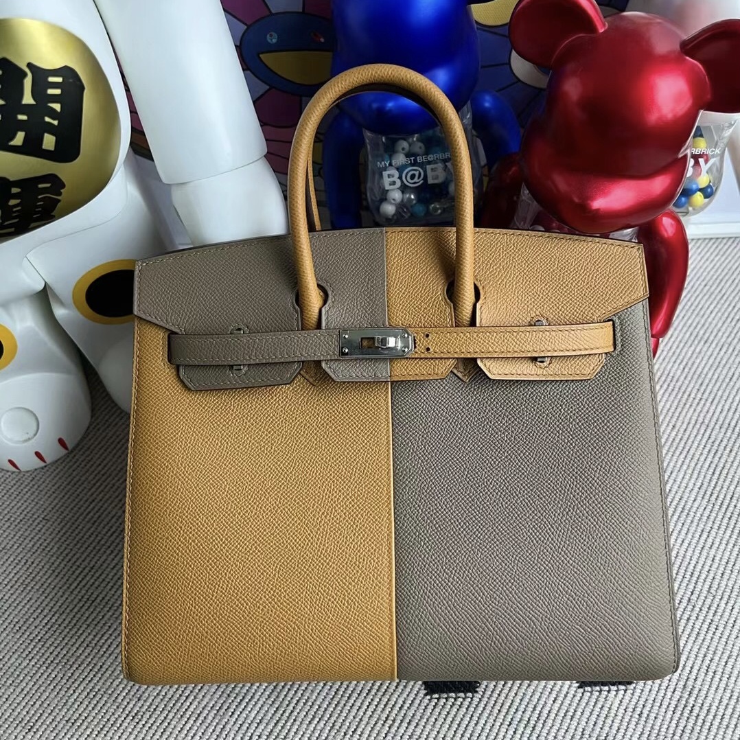 Hermes Birkin 25cm Sellier 外縫線 Epsom 18 Etoupe/2S Sesame/76 Blue Indigo