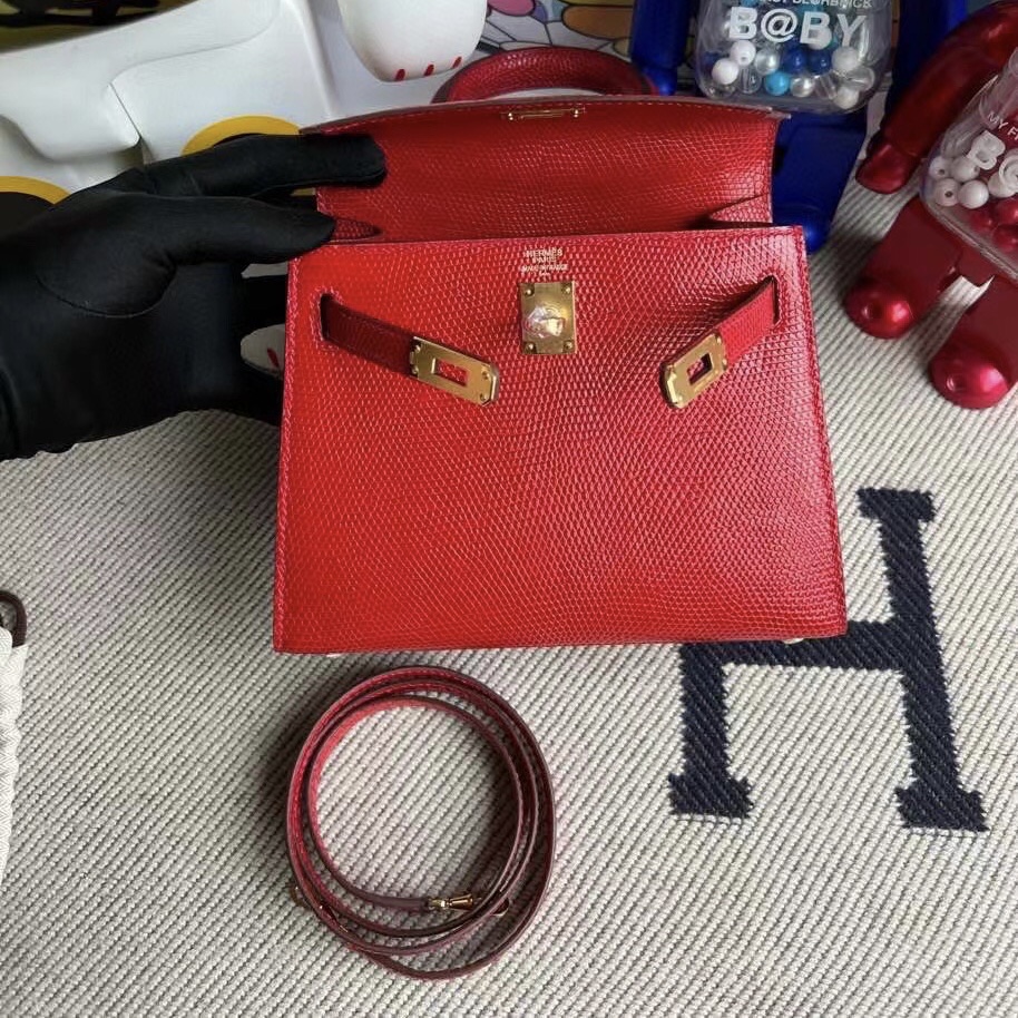 Hermès Kelly Mini 20 Sellier 大耳朵 Q5 Rose casaque 國旗紅 Lizard 進口蜥蜴皮