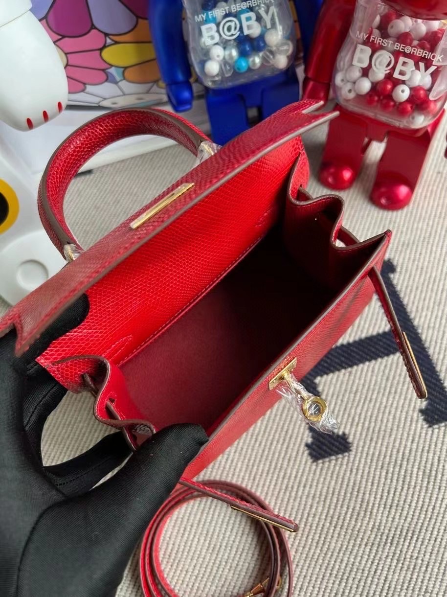 Hermès Kelly Mini 20 Sellier 大耳朵 Q5 Rose casaque 國旗紅 Lizard 進口蜥蜴皮