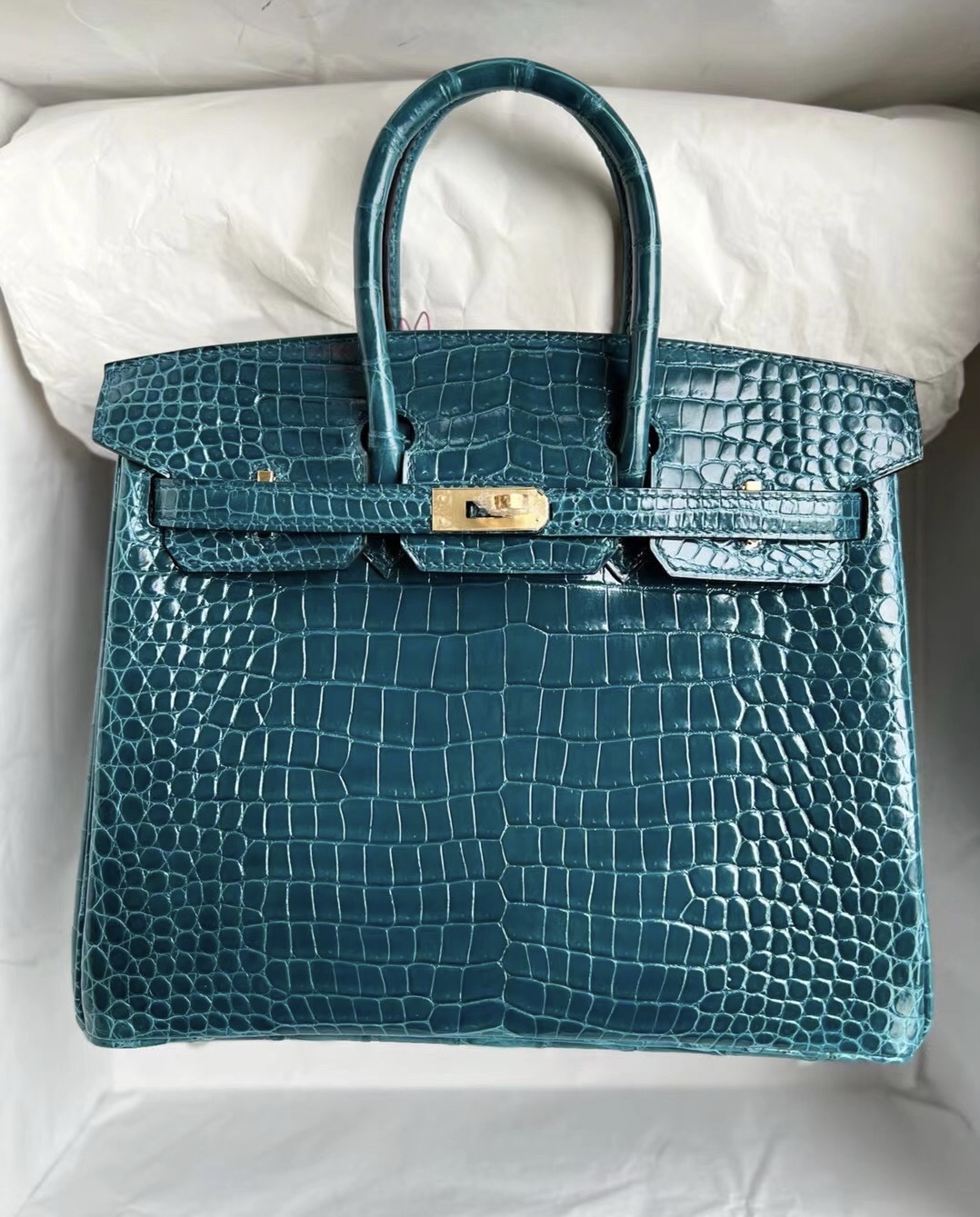 Saudi Arabia Riyadh Hermes Birkin 25cm W0 Vert Bosphore 亮面倒v澳洲灣鱷