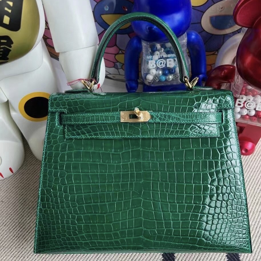 Bahrain Hermes Kelly 25cm 67 Vert Fonce 祖母綠 亮面方塊美洲鱷魚