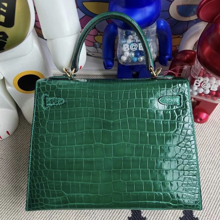 Bahrain Hermes Kelly 25cm 67 Vert Fonce 祖母綠 亮面方塊美洲鱷魚