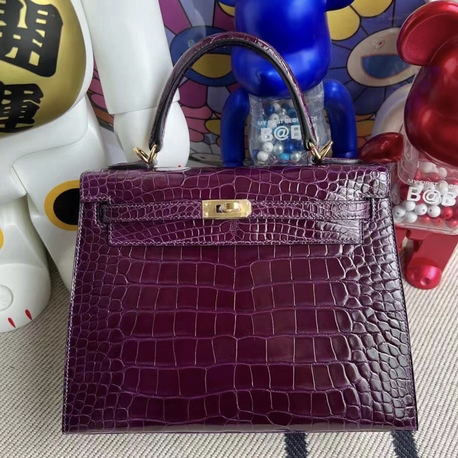 UAE Hermes Kelly 25cm N5 Cassis 加侖紫 亮面方塊美洲鱷魚 全手工蠟線縫製