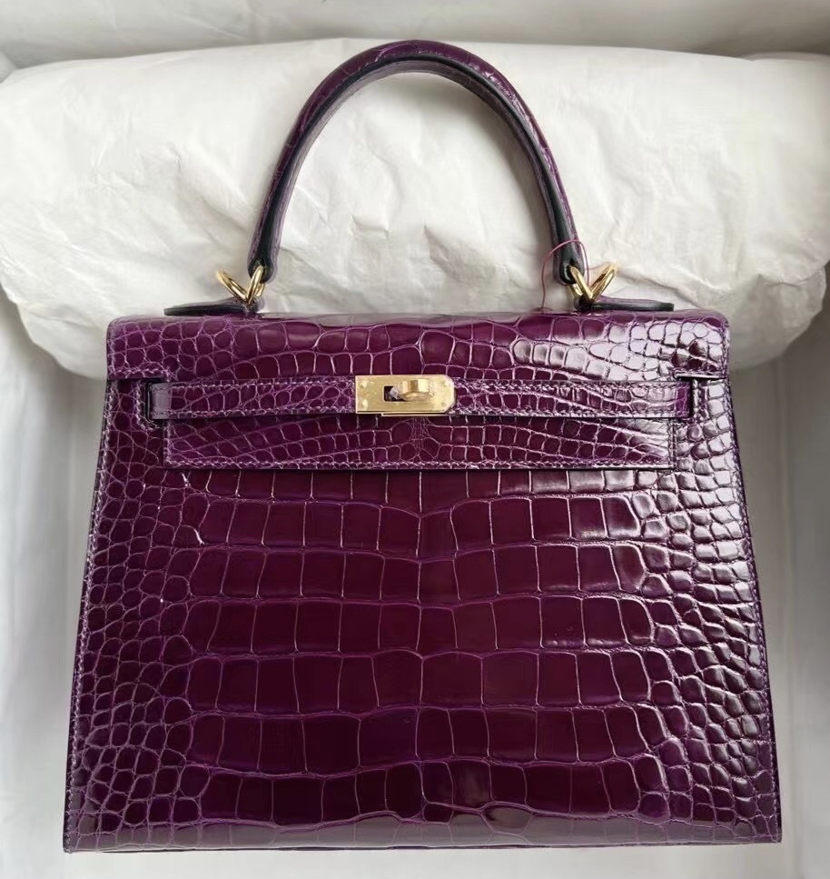 UAE Hermes Kelly 25cm N5 Cassis 加侖紫 亮面方塊美洲鱷魚 全手工蠟線縫製