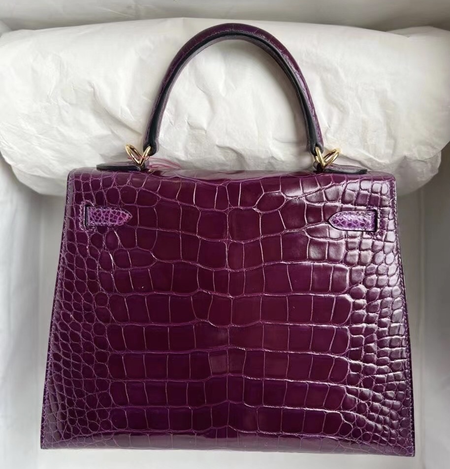 UAE Hermes Kelly 25cm N5 Cassis 加侖紫 亮面方塊美洲鱷魚 全手工蠟線縫製