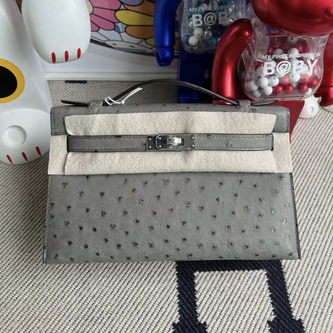 Saudi Arabia Hermes MiniKelly Pochette Ostrich 鴕鳥皮 8F Gris Étain 錫器灰 銀扣