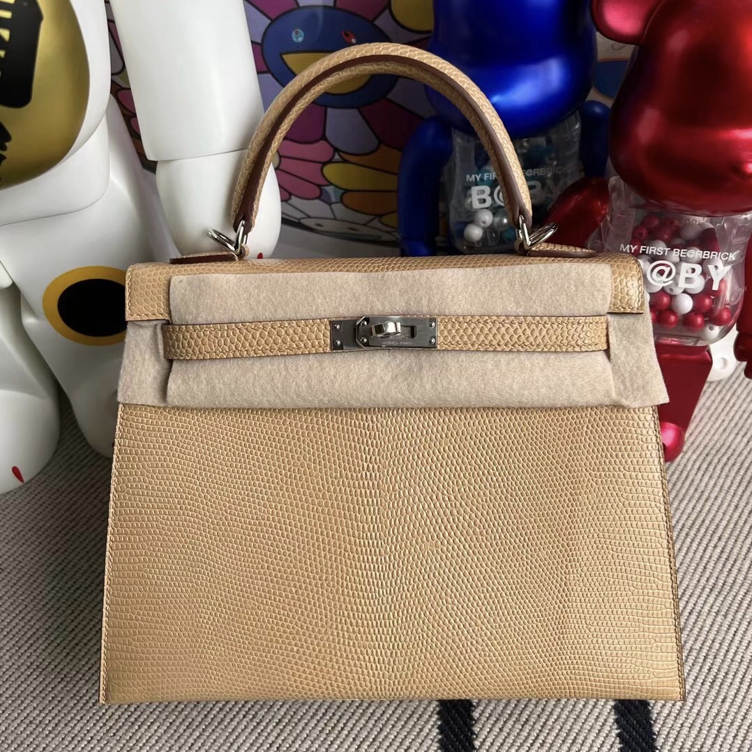 Qatar Hermes Kelly 25cm 14 beige 杏色 Lizard 原裝進口蜥蜴皮 銀扣 PHW