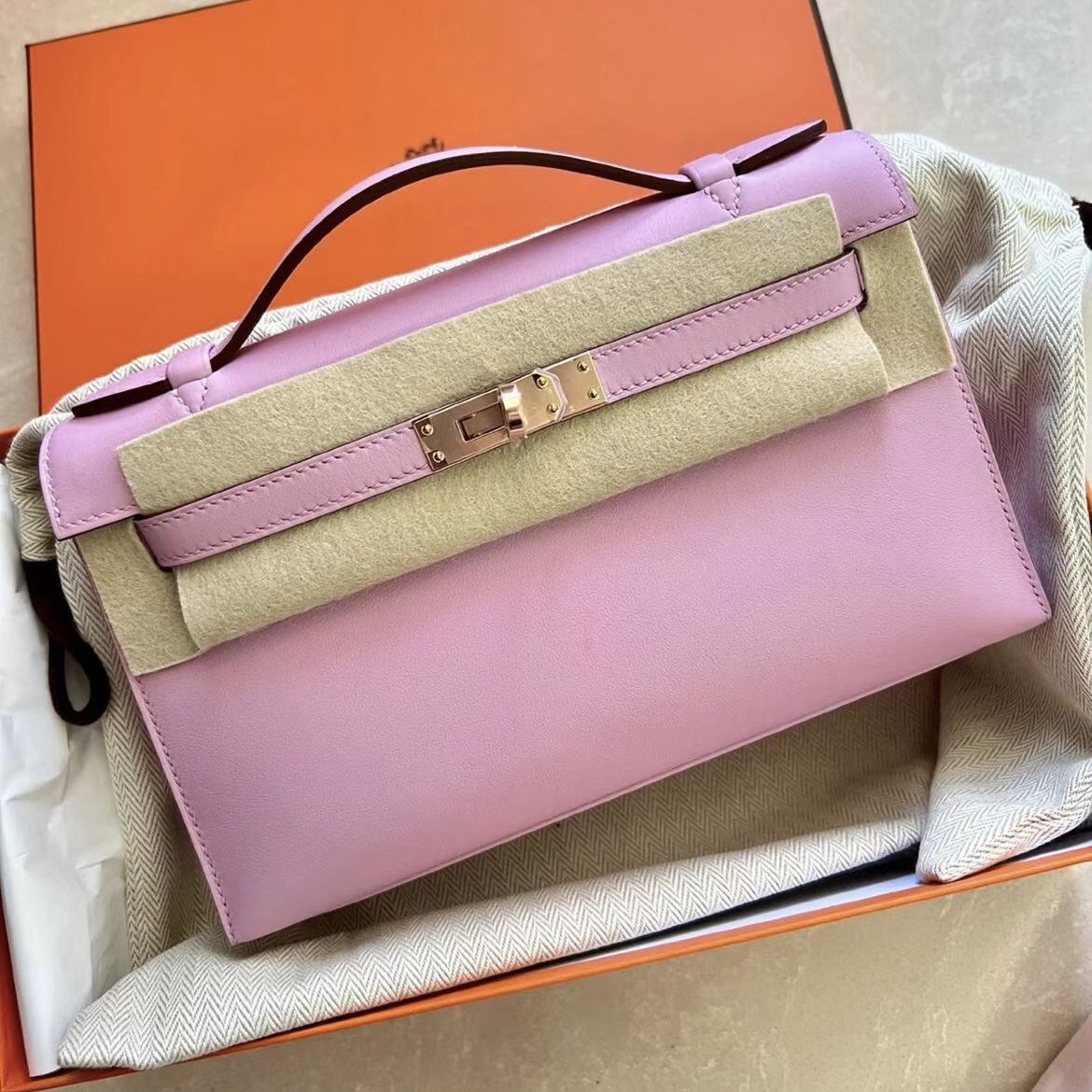 Taiwan Hermes MiniKelly Pochette Swift X9 Mauve Sylvestre 玫瑰金扣