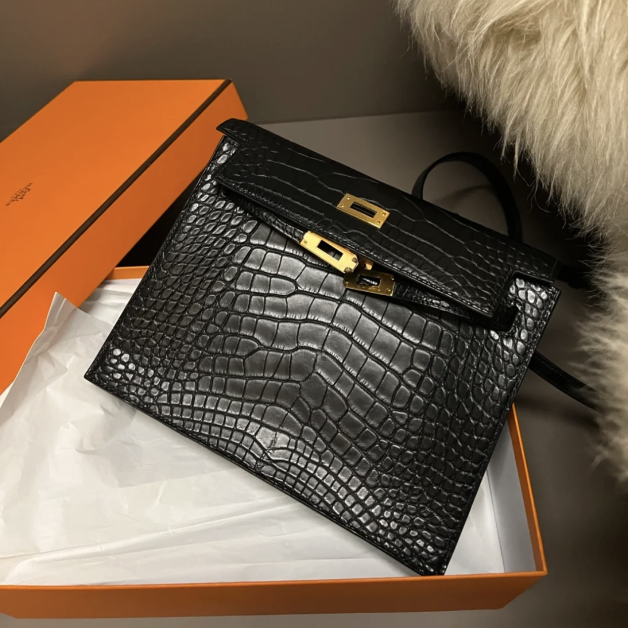 Hermès Kelly Danse Alligator Crocodile 89 Noir 黑色霧面方塊美洲鱷魚金扣