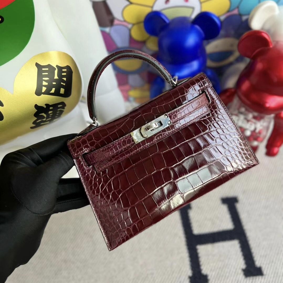 愛馬仕澳大利亞官網 Hermès Kelly Mini II 2代 57 Bordeaux 亮面美洲鱷魚