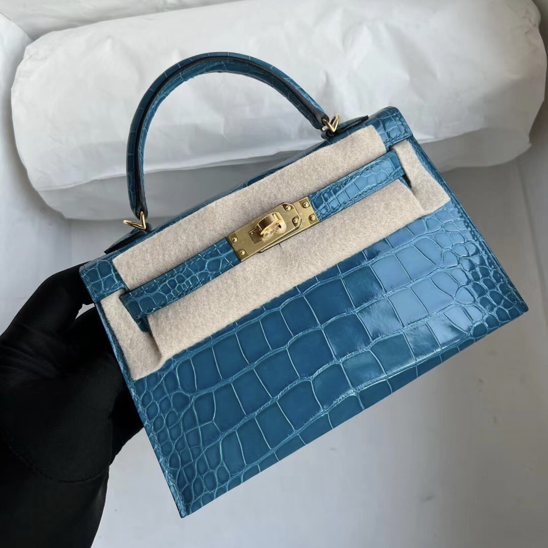 愛馬仕加拿大官網 Hermès Kelly Mini II 2代 7W Blue Izmir 伊茲密爾藍美洲鱷魚