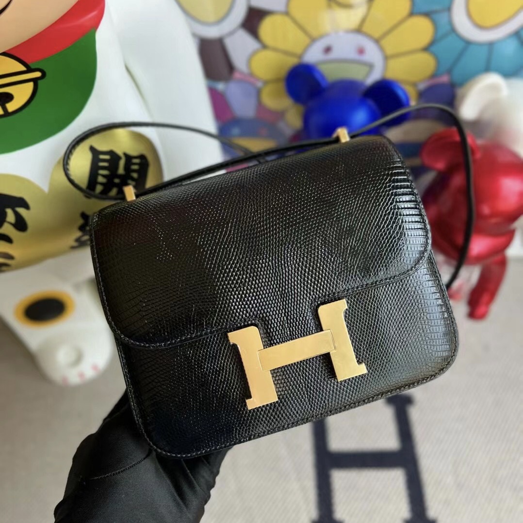 hermes加拿大官方網站 Hermès Constance 18cm Lizard CC89 Black 黑色 蜥蜴皮