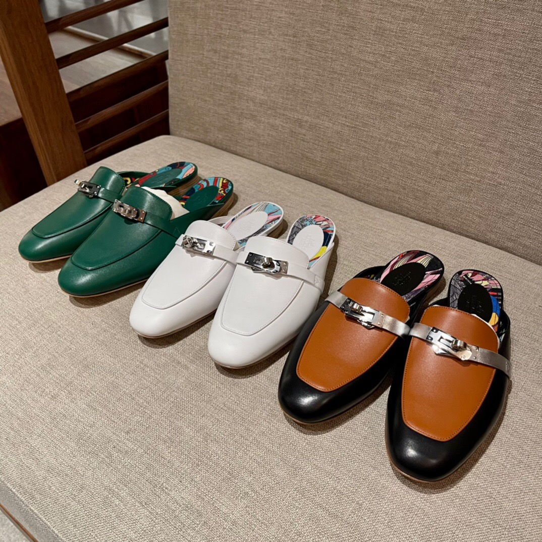 Hermès Oz穆勒鞋山 羊皮 穆勒鞋 配“卡瓦爾卡多”圖案 淺金色Kelly鞋扣
