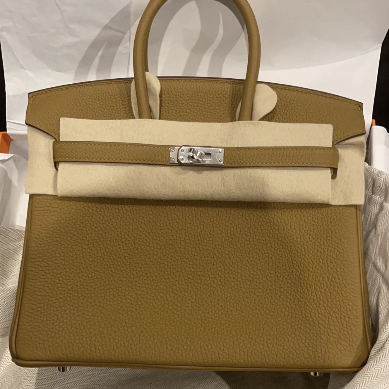 Hermès Birkin 25 Togo U8 Bronze金銅色內拼T0 Blue Brume霧藍色銀扣