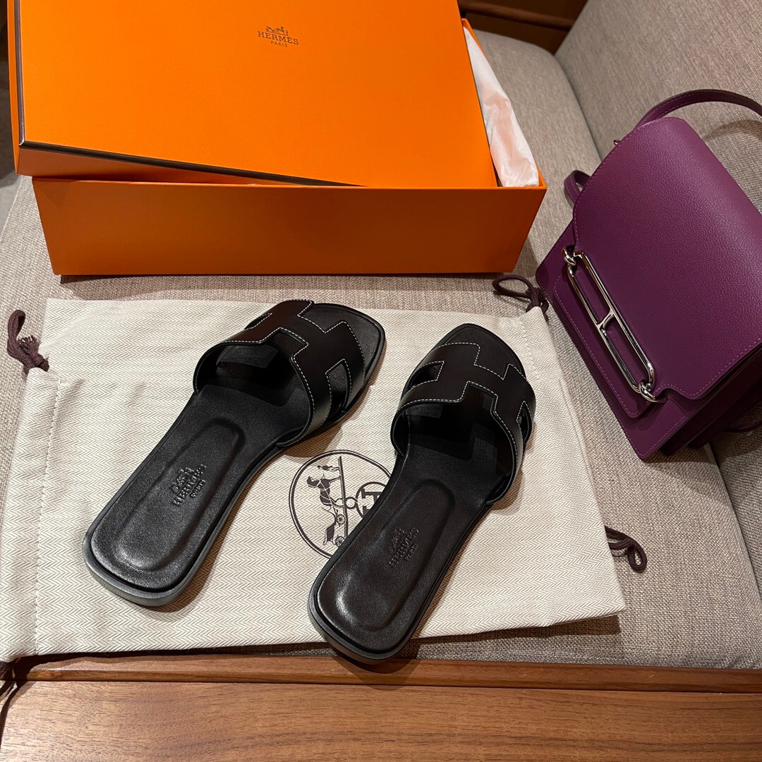 愛馬仕涼鞋 拖鞋 Saudi Arabia Hermes Oran sandal Swift 89 黑色 Noir